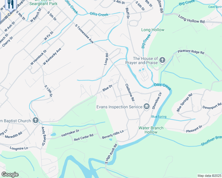 map of restaurants, bars, coffee shops, grocery stores, and more near 108 Blue Drive in LaFollette
