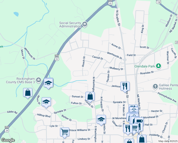 map of restaurants, bars, coffee shops, grocery stores, and more near 62 Circle Drive in Reidsville