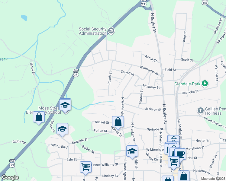 map of restaurants, bars, coffee shops, grocery stores, and more near 506 Bradley Street in Reidsville