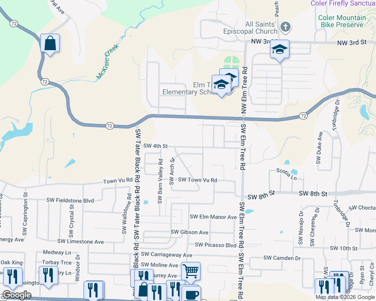 map of restaurants, bars, coffee shops, grocery stores, and more near 3572-3796 Southwest 4th Street in Bentonville