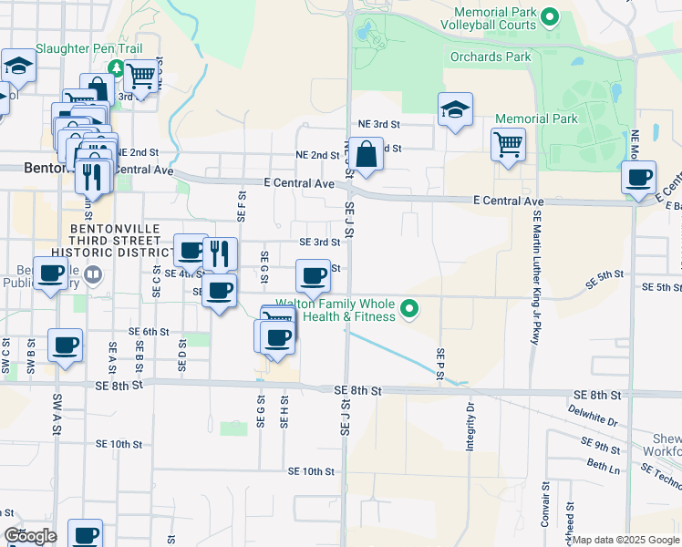 map of restaurants, bars, coffee shops, grocery stores, and more near 410 Southeast J Street in Bentonville
