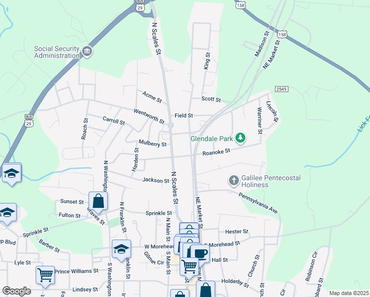 map of restaurants, bars, coffee shops, grocery stores, and more near 310 Northeast Market Street in Reidsville