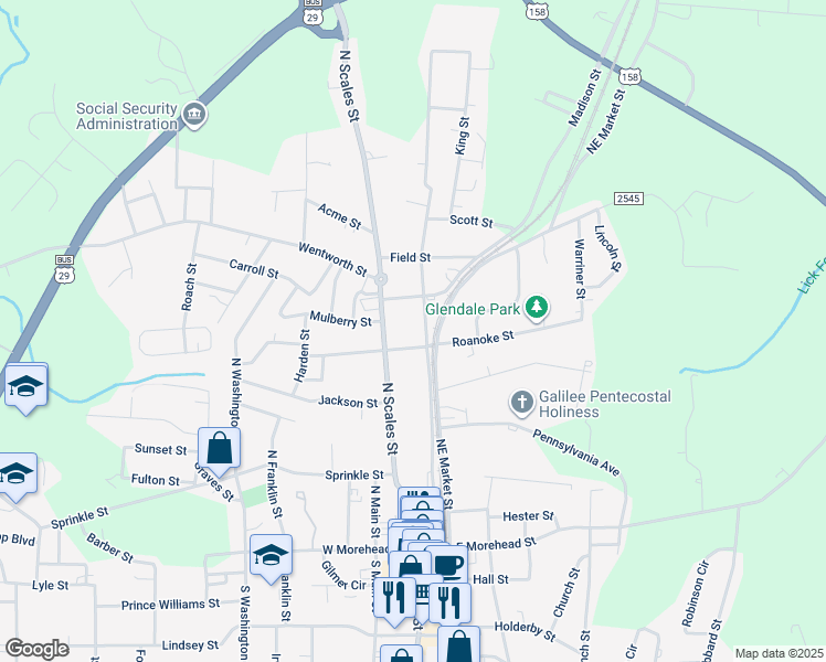 map of restaurants, bars, coffee shops, grocery stores, and more near 310 Northeast Market Street in Reidsville