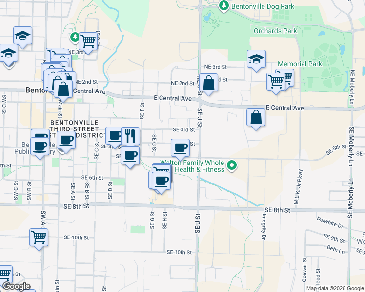 map of restaurants, bars, coffee shops, grocery stores, and more near 1001 Southeast 4th Street in Bentonville