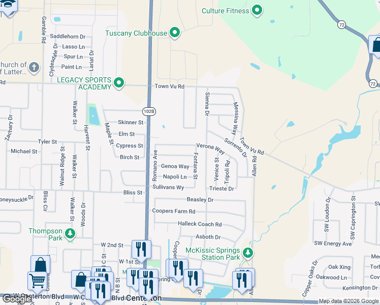 map of restaurants, bars, coffee shops, grocery stores, and more near 300 Verona Way in Centerton