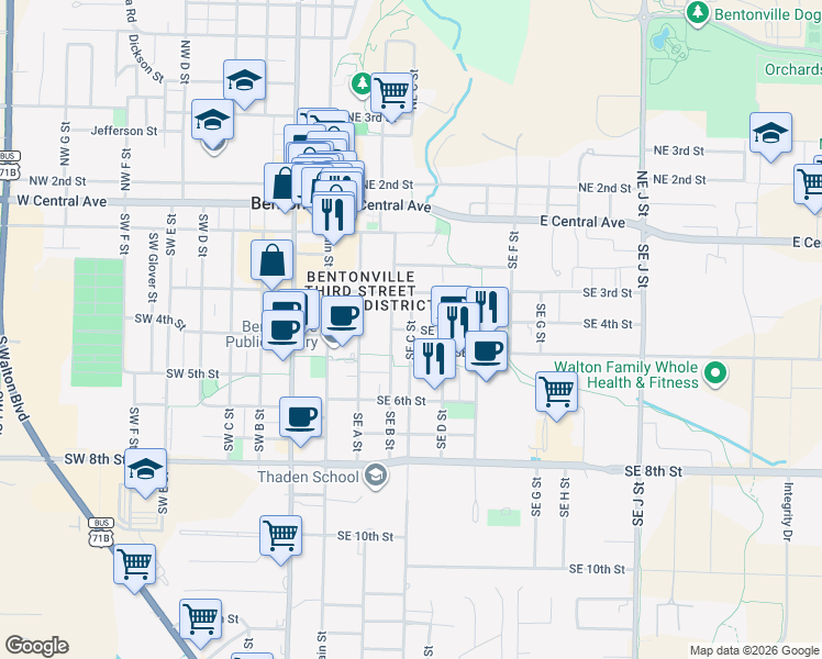 map of restaurants, bars, coffee shops, grocery stores, and more near 401 Southeast 4th Street in Bentonville