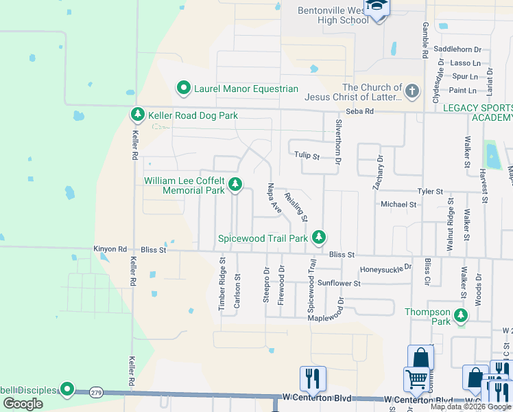 map of restaurants, bars, coffee shops, grocery stores, and more near 781 Napa Avenue in Centerton