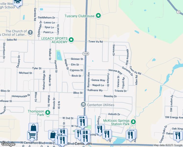 map of restaurants, bars, coffee shops, grocery stores, and more near 121 Verona Way in Centerton