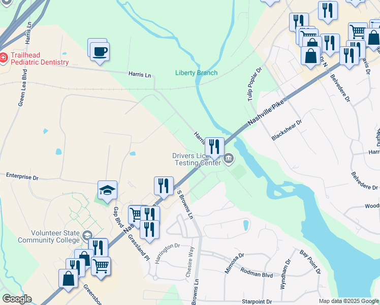 map of restaurants, bars, coffee shops, grocery stores, and more near 109 Harris Lane in Gallatin