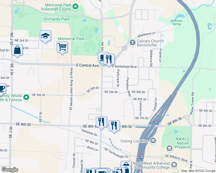 map of restaurants, bars, coffee shops, grocery stores, and more near 2509 Parkcrest Drive in Bentonville