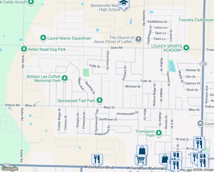map of restaurants, bars, coffee shops, grocery stores, and more near Shiraz Drive in Centerton