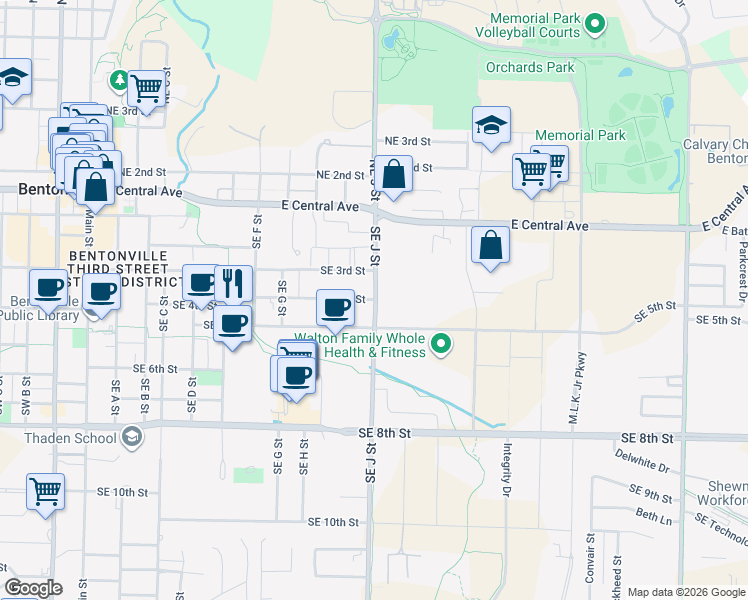 map of restaurants, bars, coffee shops, grocery stores, and more near Southeast 4th Street in Bentonville