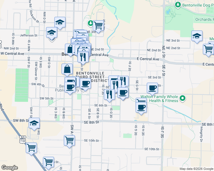 map of restaurants, bars, coffee shops, grocery stores, and more near 409 Southeast 4th Street in Bentonville