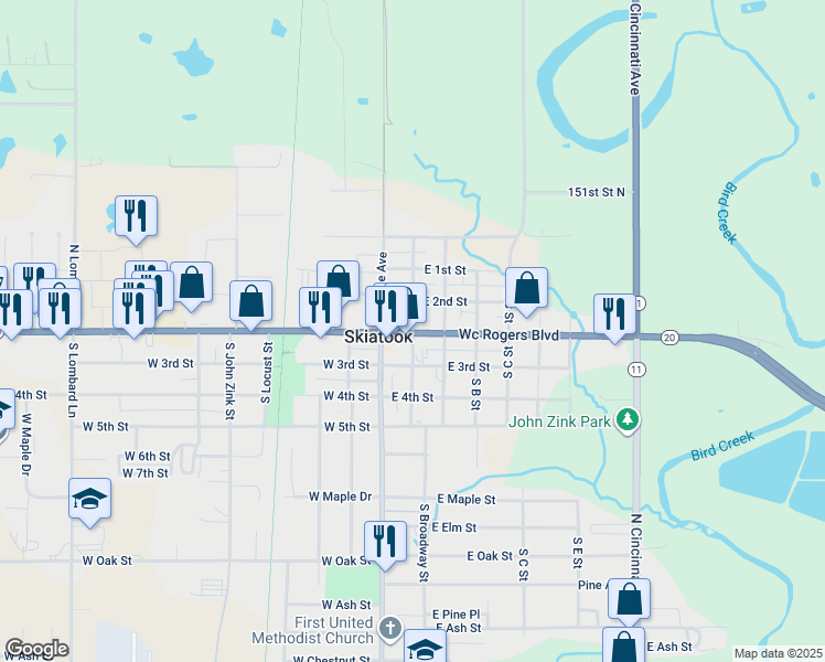 map of restaurants, bars, coffee shops, grocery stores, and more near 201 Wc Rogers Boulevard in Skiatook