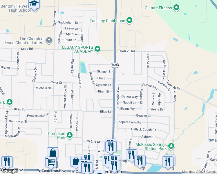 map of restaurants, bars, coffee shops, grocery stores, and more near 102 Cypress Street in Centerton