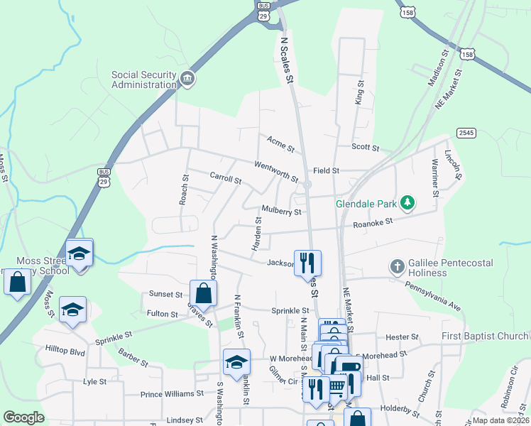 map of restaurants, bars, coffee shops, grocery stores, and more near 704 Wright Street in Reidsville