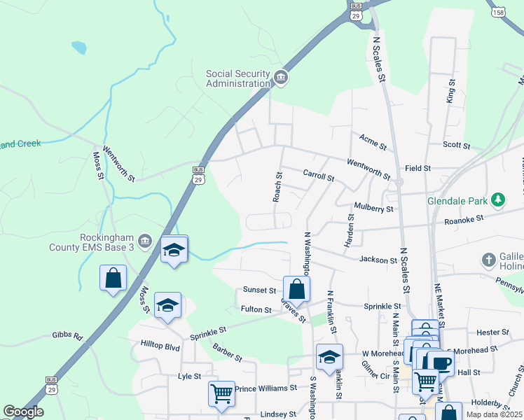 map of restaurants, bars, coffee shops, grocery stores, and more near 6 Circle Drive in Reidsville