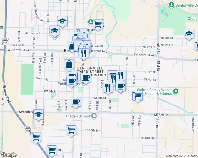 map of restaurants, bars, coffee shops, grocery stores, and more near 309 Southeast B Street in Bentonville
