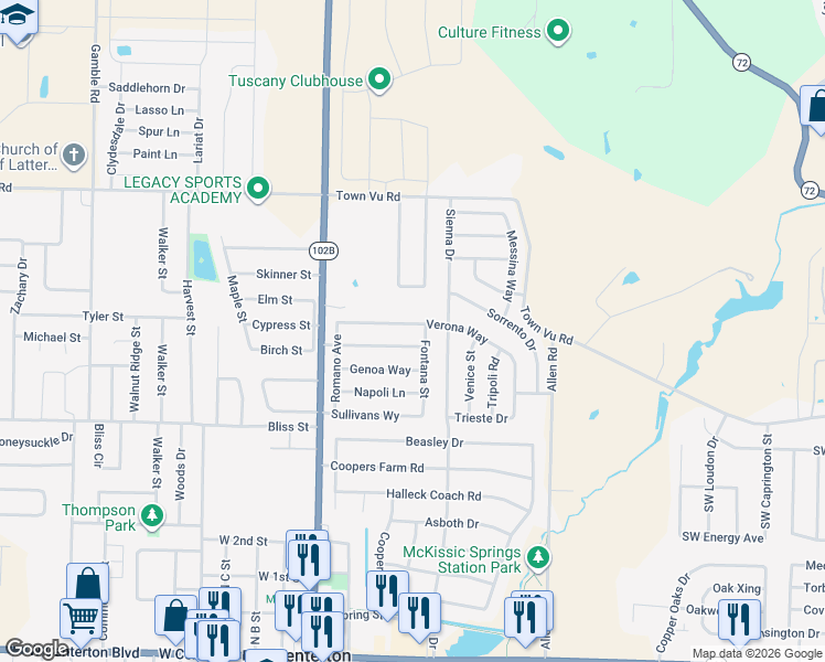 map of restaurants, bars, coffee shops, grocery stores, and more near 300 Verona Way in Centerton