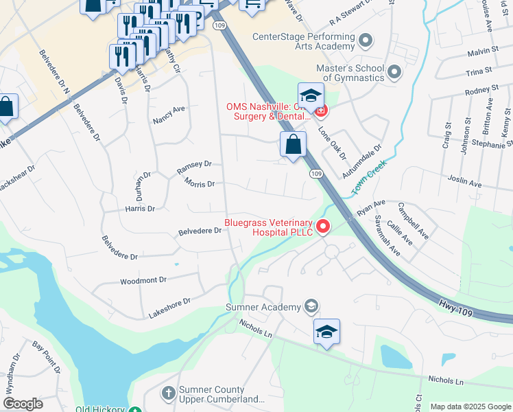 map of restaurants, bars, coffee shops, grocery stores, and more near 110 Rockwood Terrace in Gallatin