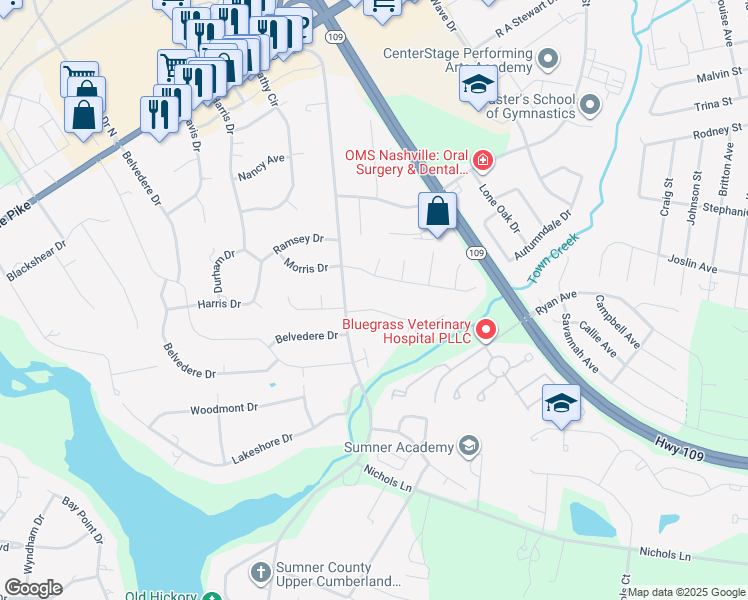 map of restaurants, bars, coffee shops, grocery stores, and more near 110 Rockwood Terrace in Gallatin