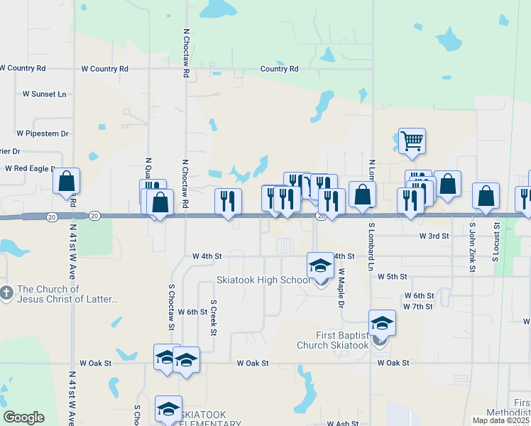 map of restaurants, bars, coffee shops, grocery stores, and more near 1400 Oklahoma 20 in Skiatook