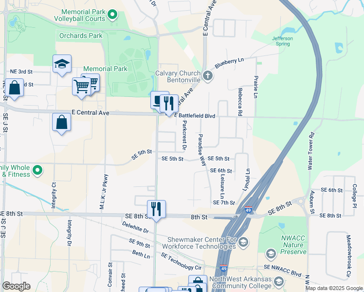 map of restaurants, bars, coffee shops, grocery stores, and more near 402 Parkcrest Drive in Bentonville