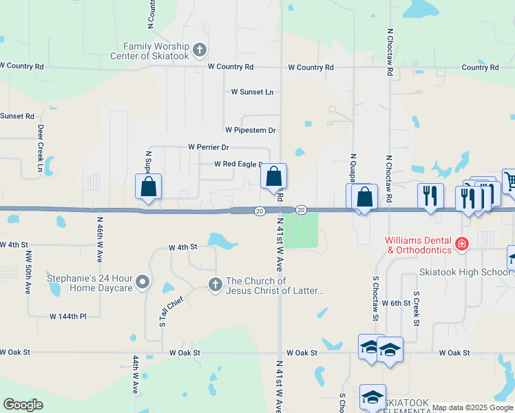 map of restaurants, bars, coffee shops, grocery stores, and more near 4117 West C Rogers Boulevard in Skiatook