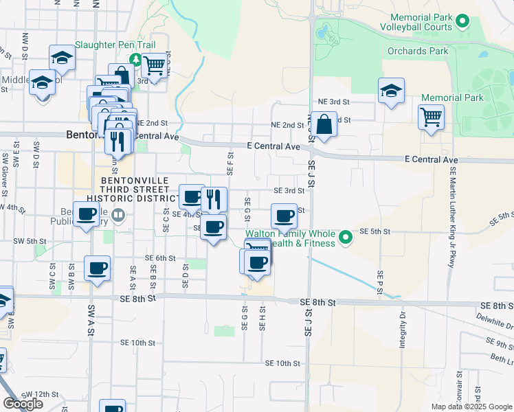 map of restaurants, bars, coffee shops, grocery stores, and more near 805 Southeast 4th Street in Bentonville
