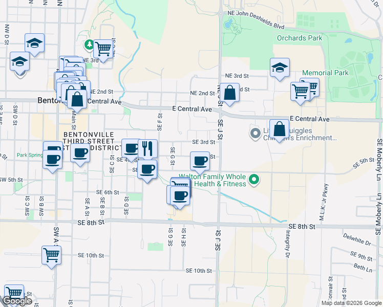 map of restaurants, bars, coffee shops, grocery stores, and more near 1001 Southeast 4th Street in Bentonville
