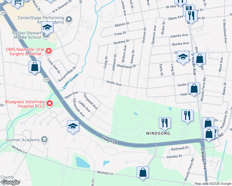 map of restaurants, bars, coffee shops, grocery stores, and more near 1014 Johnson Street in Gallatin