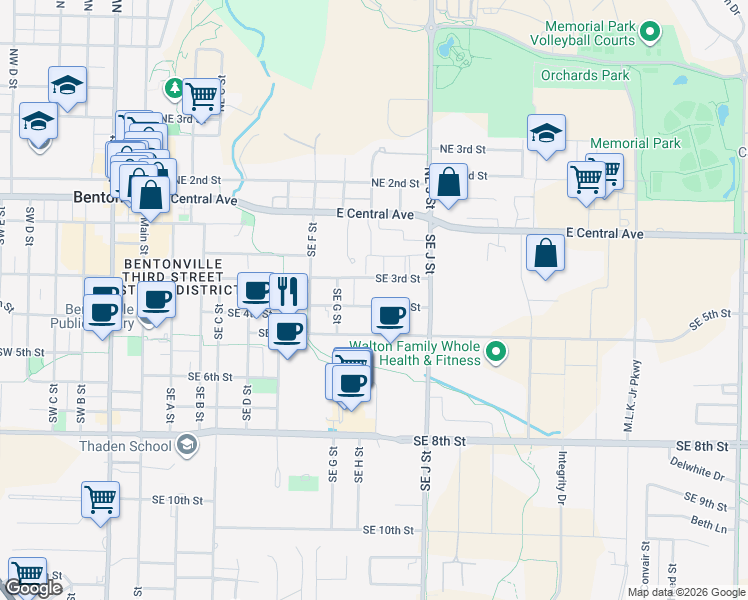 map of restaurants, bars, coffee shops, grocery stores, and more near 1001 Southeast 4th Street in Bentonville