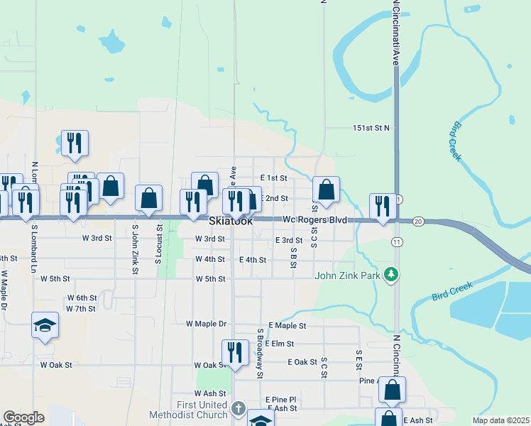 map of restaurants, bars, coffee shops, grocery stores, and more near 201 Wc Rogers Boulevard in Skiatook