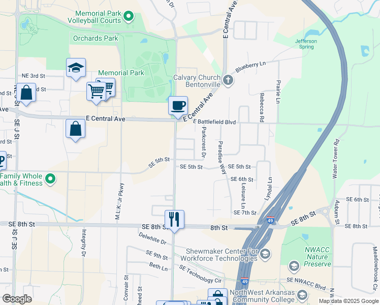 map of restaurants, bars, coffee shops, grocery stores, and more near 2514 Southeast 4th Street in Bentonville