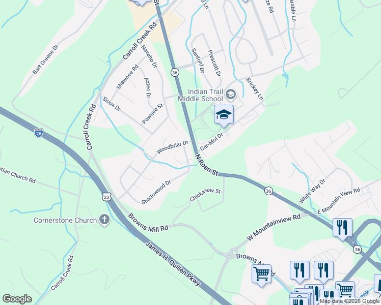 map of restaurants, bars, coffee shops, grocery stores, and more near 102 Shadowood Drive in Johnson City