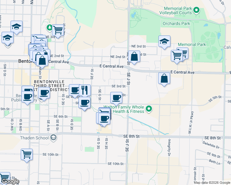 map of restaurants, bars, coffee shops, grocery stores, and more near 1001 SE 4th St in Bentonville