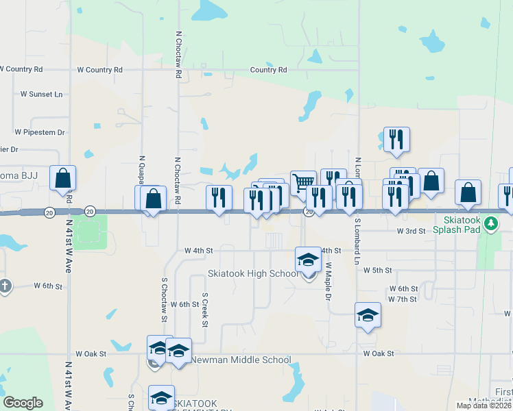 map of restaurants, bars, coffee shops, grocery stores, and more near 1400 Oklahoma 20 in Skiatook