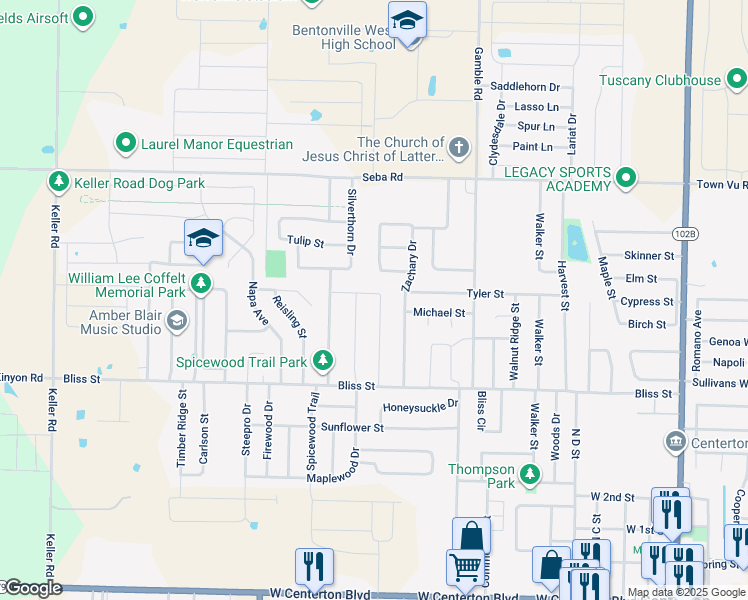 map of restaurants, bars, coffee shops, grocery stores, and more near 772 Appleridge Drive in Centerton