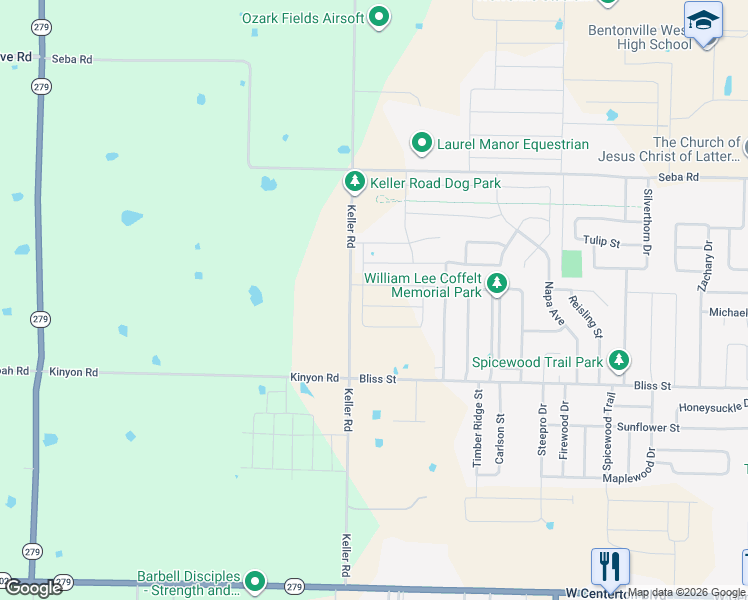 map of restaurants, bars, coffee shops, grocery stores, and more near Keller Road in Centerton