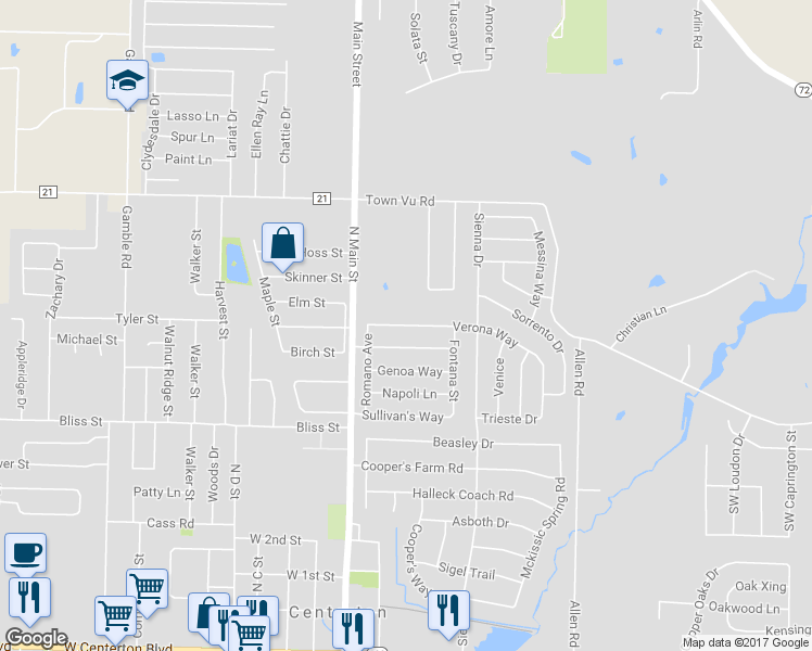 map of restaurants, bars, coffee shops, grocery stores, and more near 121 Verona Way in Centerton