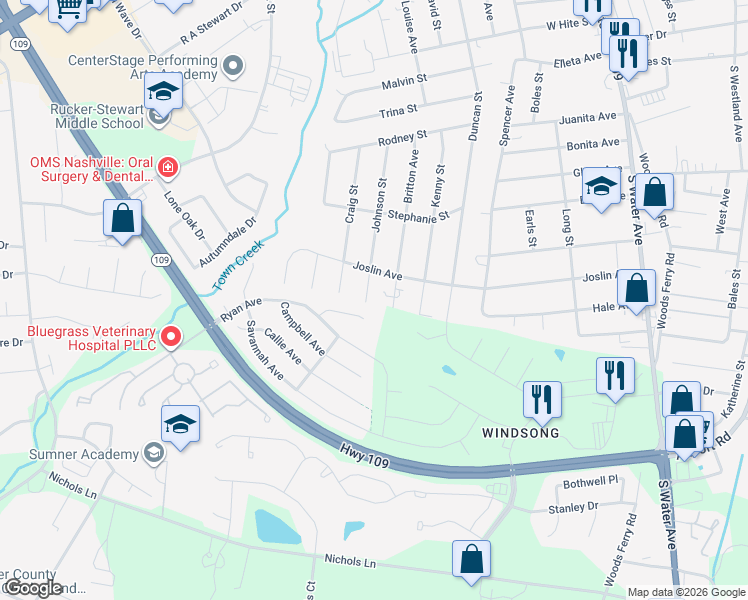 map of restaurants, bars, coffee shops, grocery stores, and more near 1014 Johnson St in Gallatin