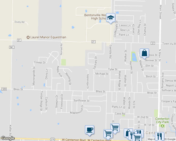 map of restaurants, bars, coffee shops, grocery stores, and more near 772 Appleridge Drive in Centerton