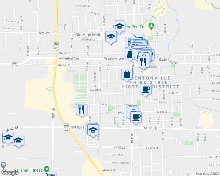 map of restaurants, bars, coffee shops, grocery stores, and more near 327 Southwest D Street in Bentonville