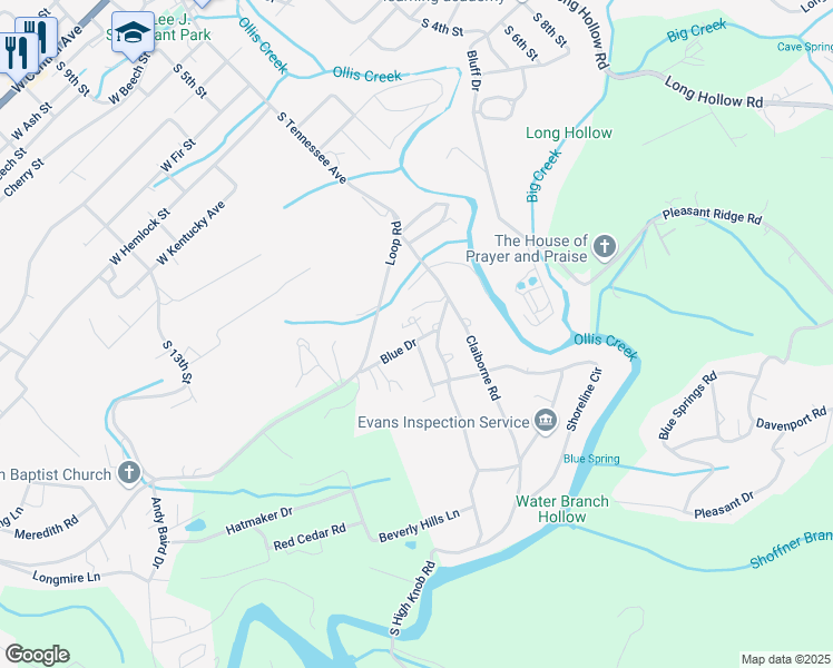 map of restaurants, bars, coffee shops, grocery stores, and more near 108 Blue Drive in LaFollette