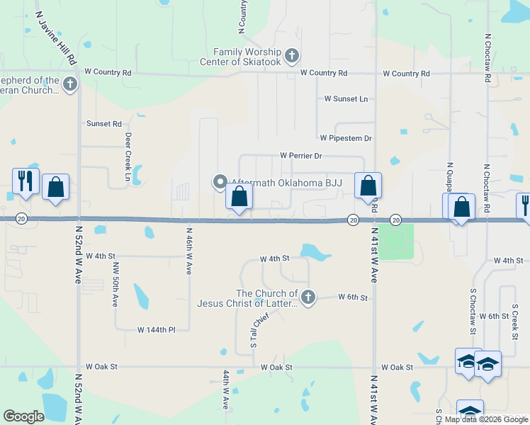 map of restaurants, bars, coffee shops, grocery stores, and more near 4318 West C Rogers Boulevard in Skiatook