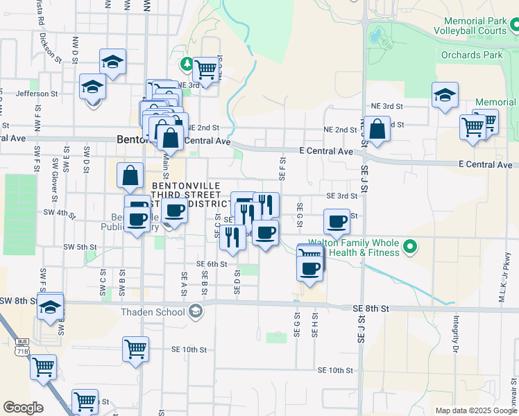 map of restaurants, bars, coffee shops, grocery stores, and more near 300 Southeast F Street in Bentonville