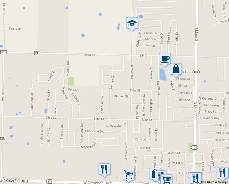 map of restaurants, bars, coffee shops, grocery stores, and more near 819 Tyler Street in Centerton