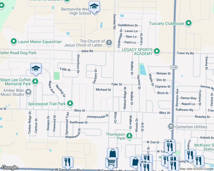 map of restaurants, bars, coffee shops, grocery stores, and more near 807 Tyler Street in Centerton