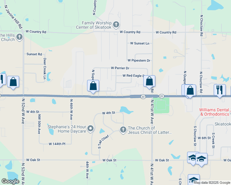map of restaurants, bars, coffee shops, grocery stores, and more near 4300 West C Rogers Boulevard in Skiatook