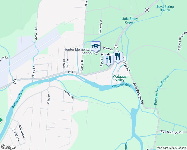 map of restaurants, bars, coffee shops, grocery stores, and more near 634 Tennessee 91 in Elizabethton